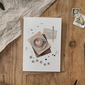 Tarjeta ecológica 100% reciclada Te amo más que café Acuarela