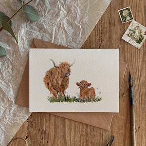 Cartão personalizado - Vaca e bezerro das Terras Altas/Flor/Aniversário/Dia das Mães