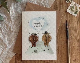 Happily Ever After Wedding Highland Cow Anniversary design Eco Friendly Greeting Card
