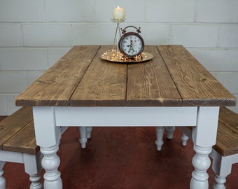 Juego de mesa de comedor rústica con patas torneadas y bancos- Pino-rústico-hecho a mano- Mesa de cocina de granja