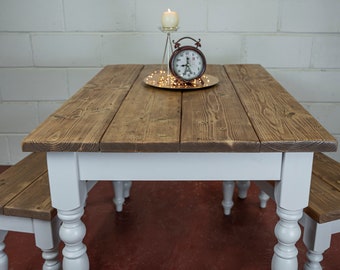 Turned Legs Rustic Dining Table Set with Benches- Pine-rustic-handmade- Farmhouse kitchen table