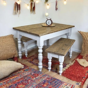 Rustic Dining Table Set with Benches | Handmade Farmhouse Kitchen Table | Solid Pine Turned Legs Table | Handmade in Scotland| Made in UK