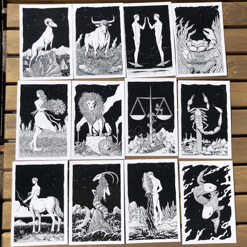 Set of 12 Zodiac Postcards Etsy