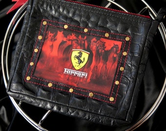 kleine Lederclutch "Ferrari" Damen und Herren, Lammleder Kroko Prägung, Portemonnaie rot schwarz, Lederetui mit Nieten, Taschenorganizer