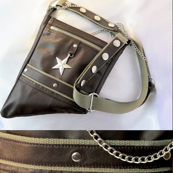 dreieckige Handtasche für Damen, Revolverbag "Space Star",  Handytasche zum umhängen braunes Leder, kleine Tasche Hot Rod mit Kette