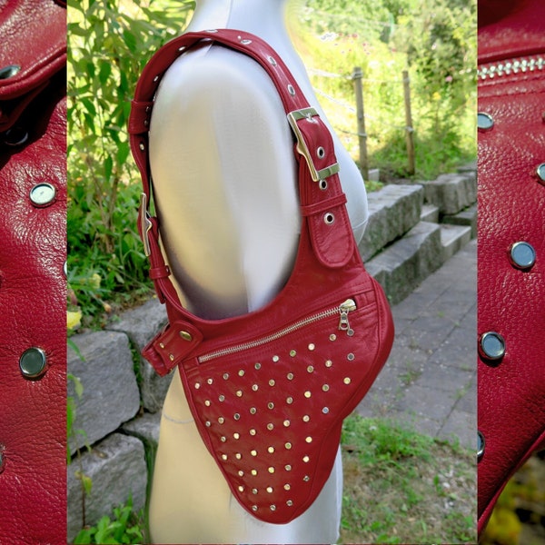 kleine rote Handtasche für Damen, Schultertasche "Red Mirror"  Revolverbag mit Kette, Motorrad Handy-Umhängetasche, Curved Bag Leder rot
