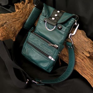 Funda para móvil con monedero y múltiples compartimentos, para mujer, piel de cordero color petróleo, bandolera minimalista, bolso de hombro pequeño piel verde