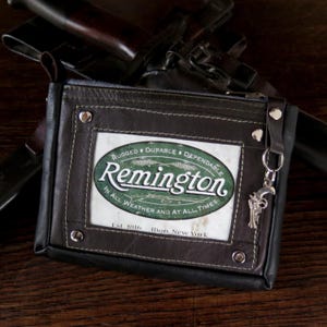 Carteira masculina e feminina, vintage "Remington", couro de cavalo marrom, pequena clutch com zíper e rebites, carteira, porta-chaves