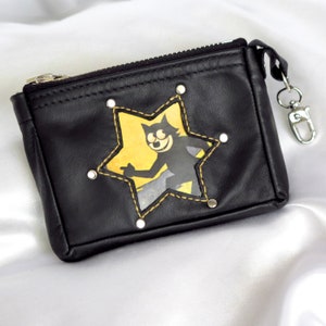 Cartera pequeña para mujer y hombre "Felix el Jefe" con imagen en vinilo, piel de caballo negra, billetera con cremallera, funda de piel unisex