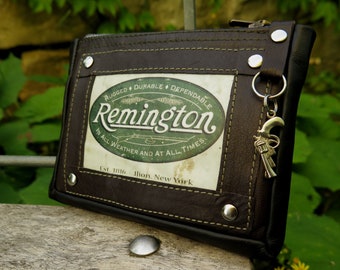 Wallet women men, vintage "Remington", brown leather, small clutch with zipper and rivets