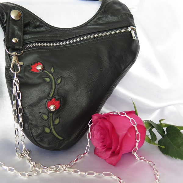 kleine Handtasche für Damen, Schultertasche mit Kette, Revolverbag "Moonshine Rose" schwarzes Pferdeleder, Umhängetasche, Handytasche Leder