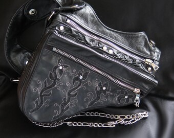 Women's shoulder bag, made of black horse leather, bag with many compartments, zipper and embroidery, crossbody bag with chain