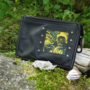 Cartera pequeña de piel de caballo negra Route 66, cartera para mujer y hombre con cremallera, pequeño organizador de bolsos con remaches