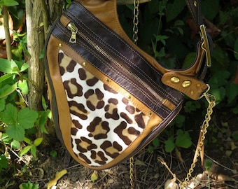 Damska torebka na ramię z łańcuszkiem, torebka na lewą rękę z brązowej skóry końskiej ze zwierzęcym nadrukiem, mała torebka typu crossbody, torebka na telefon komórkowy