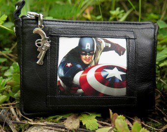 small wallet women men, "Captain America", wallet with zipper, rivets, chain, leather case made of black horse leather