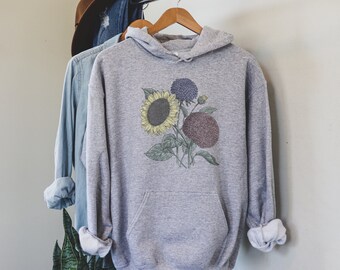 Botanical Floral Sunflower Wild Flowers Hoodie with Vintage Image, Nature Lover Gift, Flower Sweatshirt, Botanical Sweatshirt