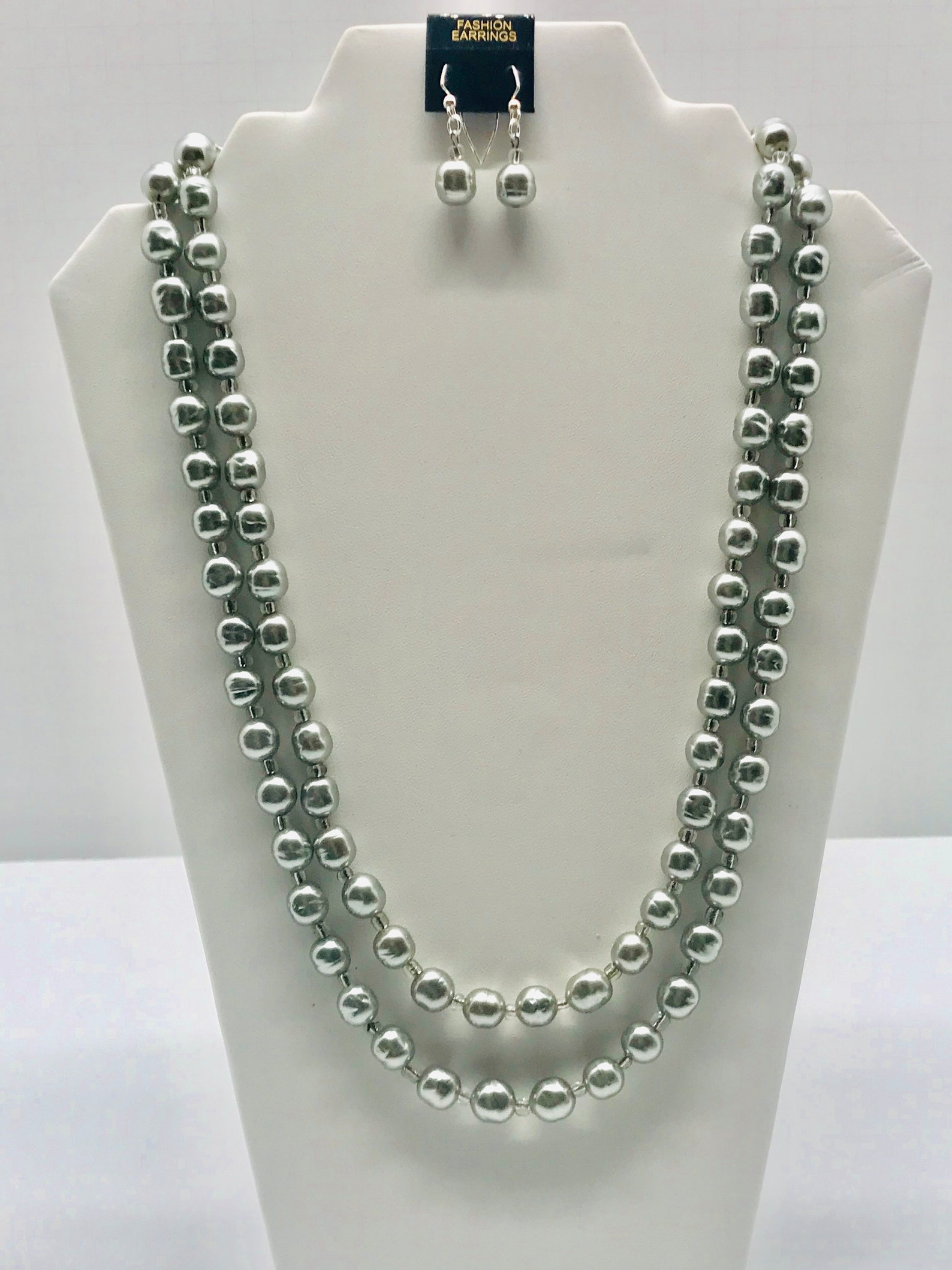 Beautiful Faux Grey Pearl Necklace With Matching Earrings Etsy