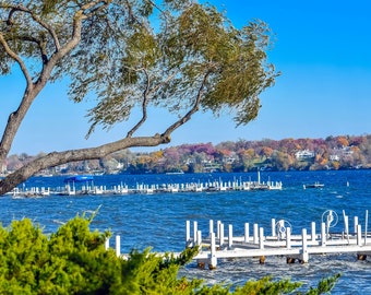 Lake Geneva, Wisconsin Shoreline with Fall Colors and Pretty Tree Hanging Over the Piers  Canvas Print - Lake Canvas Print - CW 4019
