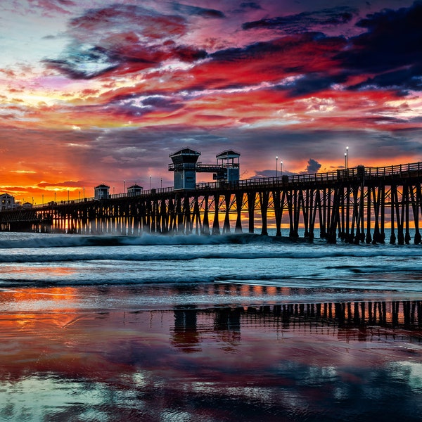 Sunsets Over the Pacific Ocean Huntington Beach Peir, California Canvas - Fishing Pier Canvas - 32in.Hx48in.W - 36in.Hx72in.W - CW 5958