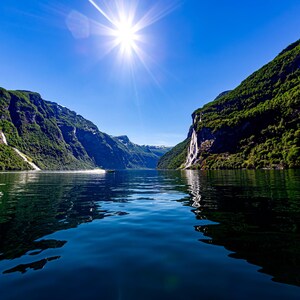 Seven Sisters Waterfall in Geiranger fjord a Stunning UNESO World Heritage Site, Beautiful Norway Landscape Canvas Print - Cliffs - CW 4061