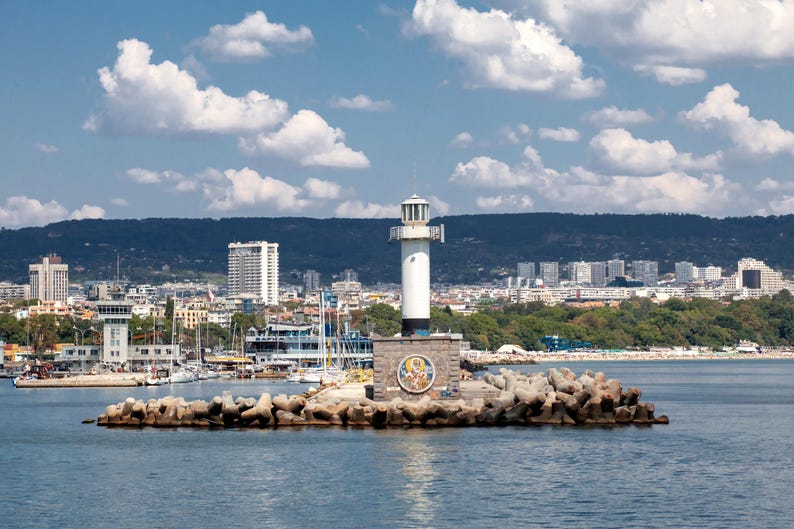 Varna Seaport Lighthouse in Varna, Bulgaria in Black Sea, Balkan