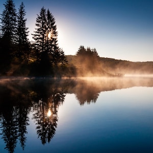 May include: A serene landscape featuring a calm lake reflecting the silhouettes of tall pine trees and the morning sun. Mist hovers over the water, and the sky transitions from blue to a soft, golden hue. The scene evokes tranquility and natural beauty.