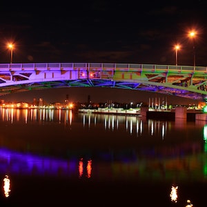 The Charles Berry Bridge a Draw Bridge in Lorain Ohio Lit up at Night it Crosses Over the Black River Canvas - Bridge Wall Art - CW 7050