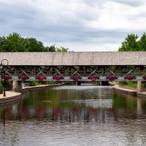 Wooden Covered Bridge Over DuPage River Along the Naperville Riverwalk in Illinois Canvas Print - Bridge Wall Art - River Wall Art - CW 5748