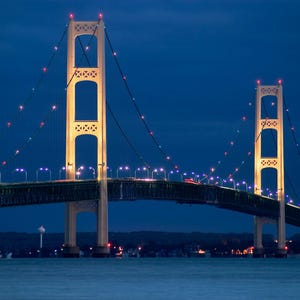 Mackinac Bridge, Between Michigan s Upper & Lower Peninsulas at Night Canvas Print - Bridge Wall Art - Mackinaw Island Skyline - CW 2936