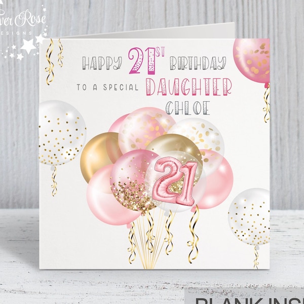 21st Birthday Card, Personalised Pink Balloon Card for Women, Daughter, Niece, Goddaughter, Granddaughter, Sister (Standard or A5)