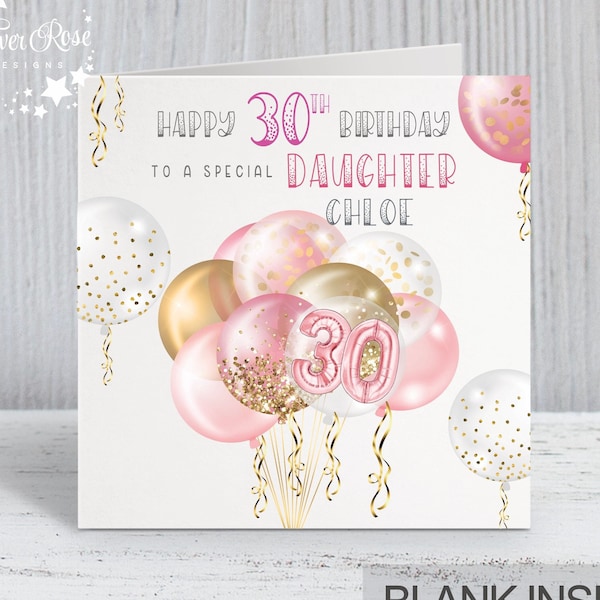 30th Birthday Card, Personalised Pink Balloon Card for Women, Daughter, Niece, Goddaughter, Granddaughter, Sister, Auntie (Standard or A5)