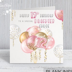 12th Birthday Card, Personalised Pink Balloon Card for Girls, Daughter, Niece, Goddaughter, Granddaughter, Sister (Standard or A5)