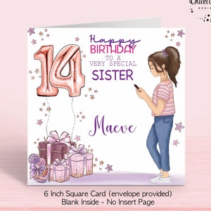 14th Birthday Card, AGE 14, Teenager, Fourteen, Personalised, For Her / Girls, Any Relation, Brown or Blonde Hair, 6x6" Square