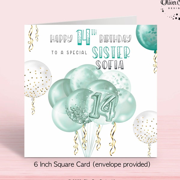 14th Birthday Card, Personalised Green Balloon Card for Girls, Teenage, Daughter, Niece, Goddaughter, Granddaughter, Sister (Standard or A5)