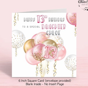 13th Birthday Card, Personalised Pink Balloon Card for Girls, Teenager, Daughter, Niece, Goddaughter, Granddaughter, Sister (6x6, 5x7 or A5)