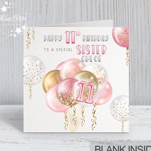 11th Birthday Card, Personalised Pink Balloon Card for Girls, Daughter, Niece, Goddaughter, Granddaughter, Sister (Standard & A5)