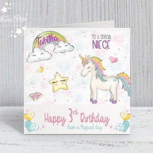 3rd Birthday Card, Personalised Unicorn and Rainbow For Girls, Any Relation, Blank Inside