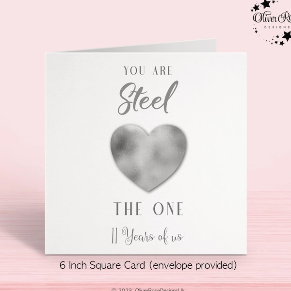 Steel 11th Anniversary Card, Wife, Husband [6x6" Square OR 8x6" Rectangle] PRINTED Greeting Card