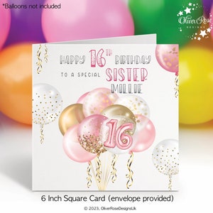 16th Birthday Card, Personalised Pink Balloon Card for Girls, Daughter, Niece, Goddaughter, Granddaughter, Sister (Standard or A5)