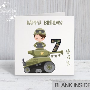 Army Tank Birthday Card, BROWN HAIR Personalised Card for Boys, Son, Grandson, Nephew, Brother, 5.75", Blank Inside