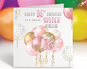 16th Birthday Card, Personalised Pink Balloon Card for Girls, Daughter, Niece, Goddaughter, Granddaughter, Sister (Standard or A5)