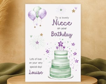 Personalised Niece Birthday Card: Purple & Green Cake Design, Any Age (8x6 inches)