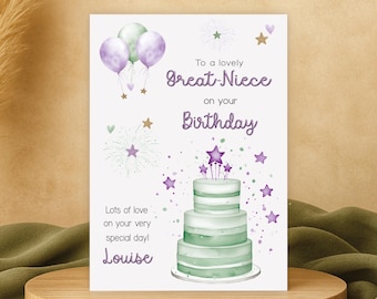 Personalised Great-Niece Birthday Card: Purple & Green Cake Design, Any Age (8x6 inches)