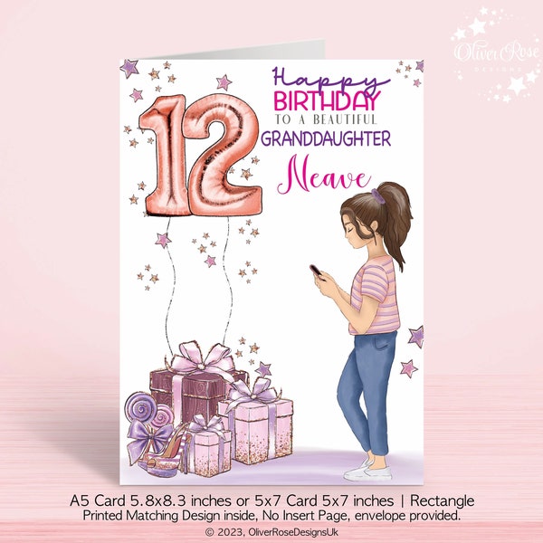 12th Birthday Card, Personalised Daughter, Granddaughter, Niece, Goddaughter, Sister, Teenager Girl on Phone, Brown or Blonde Hair A5 or 5x7