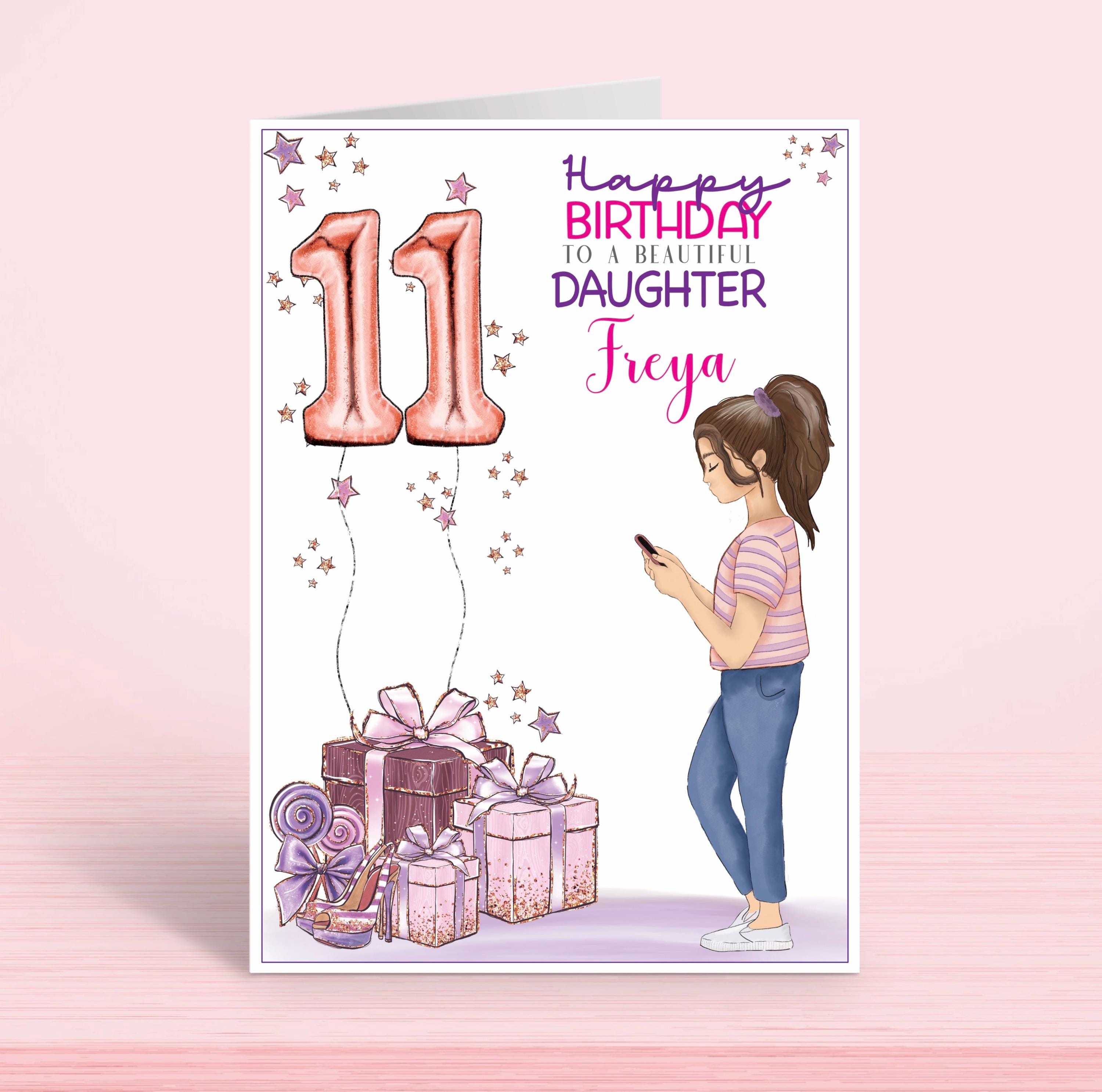 Personalised 11th Birthday Card Girl On Phone Any Relation And Hair personalised-11th-birthday-card-girl-on-phone-any-relation-and-hair