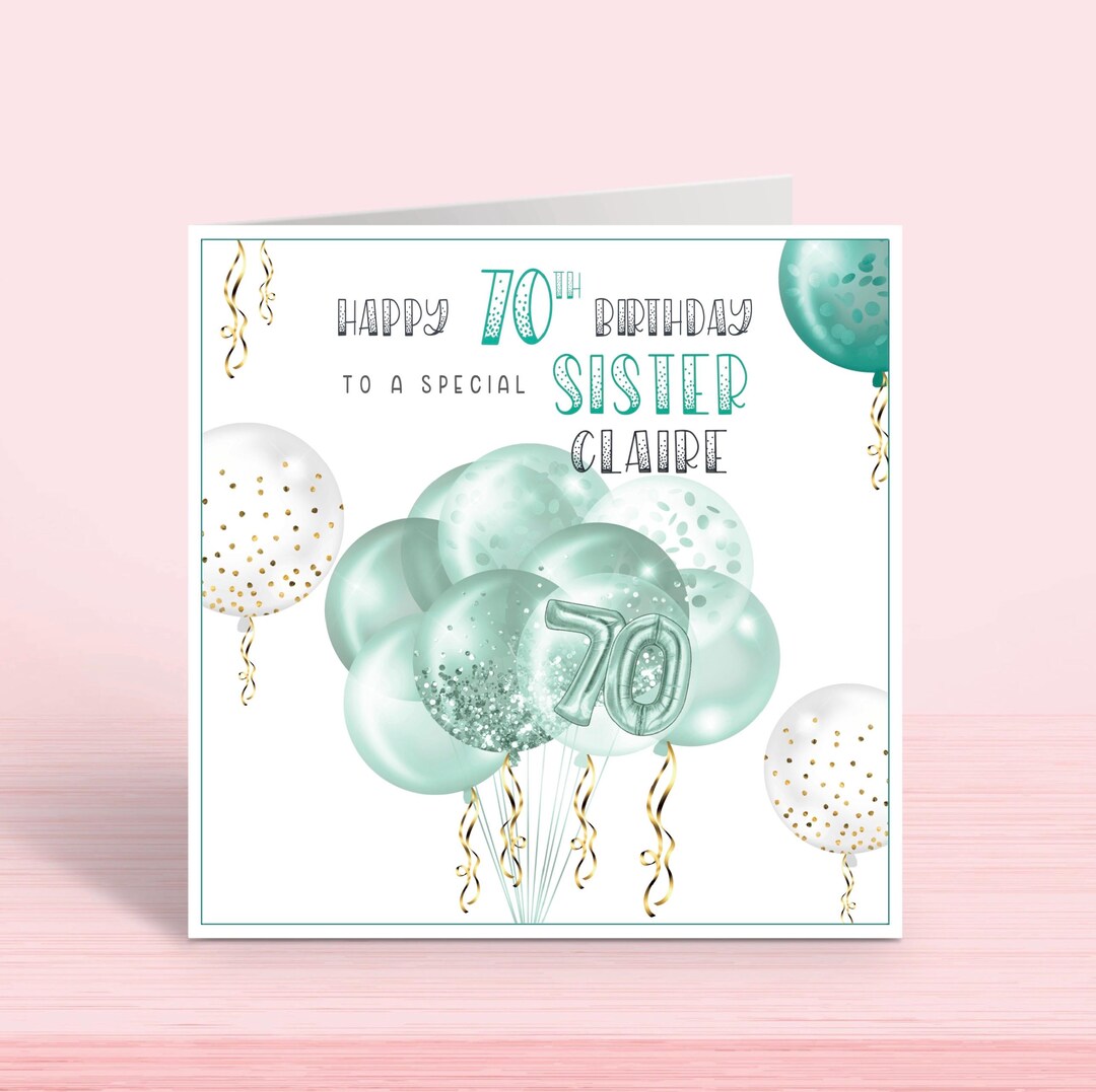 70th Birthday Card, Personalised Mint Green Balloon Card for Women ...