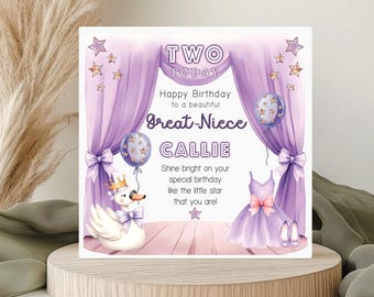 Personalised Great-Niece Birthday Card: Any Age, Purple Ballerina Swan (2 sizes)