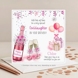 Personalised Goddaughter Birthday Card: Pink Bubbly, any Age; 18th 20th 21st 30th 40th 50th, Birthday Card for Goddaughter