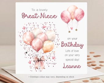 Personalised Great-Niece Birthday Card: Pink Balloons, 10th 12th 14th 16th 18th 21st 25th 30th 40th, Birthday Card Great Niece