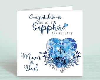 Personalised Blue Sapphire Anniversary Card: 45th or 65th Anniversary Card, Any Relations; Mum Dad Nan Grandad Sister Brother